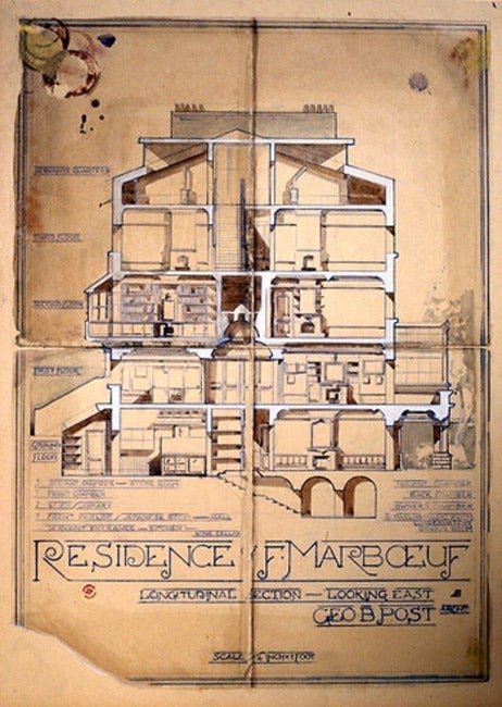 Alain Bublex avec Milen Milenovitch, "Projet pour l'embellissement de la résidence de F.Marboeuf, Géo B. Post, Glooscap, 1906", 1992, technique mixte sur papier, 59 x 43 cm, collection privée, courtesy Galerie GP & N Vallois, Paris.
