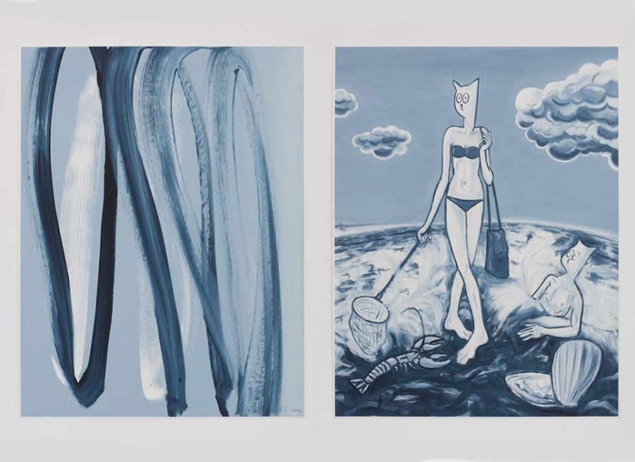 Alain Séchas, Diptyque bleu (Blue Diptych), 2014. 2 oils on paper, 110 x 80 cm each.