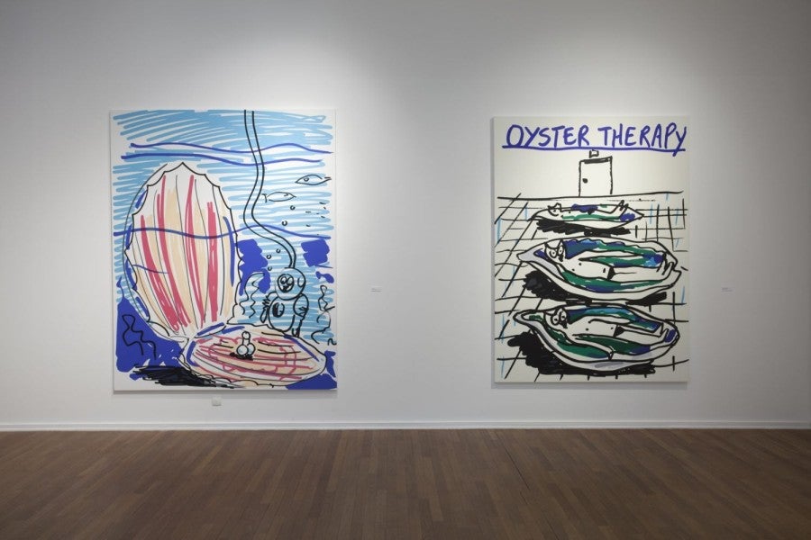 Alain Séchas, Oyster Therapy, 2005, acrylique sur toile, 228 x 167 cm. Pearls, 2006, acrylique sur toile, 240 x 192 cm.