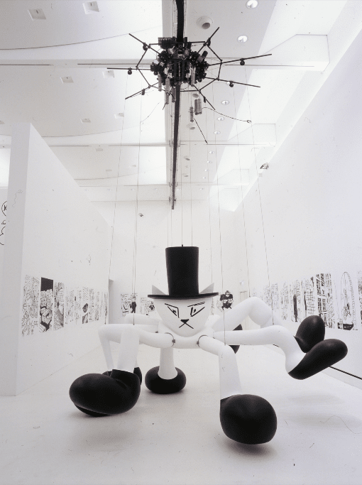 Alain Séchas, L'Araignée (et Les Dessins de L'Araignée) (The Spider and the Spider Drawings), 2001. Polyester, acrylic, mechanisms, suspended rail, 270 x 400 x 300 cm. Collection of Musée d'art moderne et contemporain de Strasbourg, reinstallation, 2018.