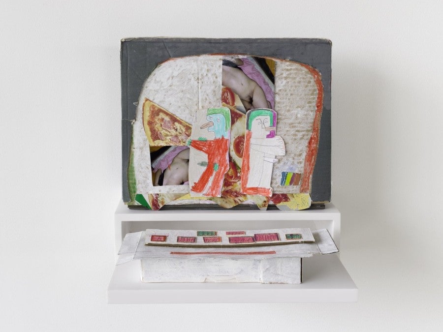 Sarah Tritz, Pizsex Lèche, 2019, cardboard, paper, colored pencil, inkjet prints, corian shelf, 38 x 40 x 32 cm. Photo: André Morin