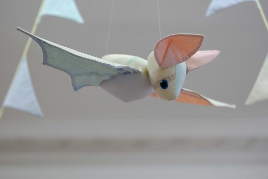 Benoît Piéron, <i>Maybepole</i> (detail), 2022, plush bat made from used hospital sheets, sewing pattern by BeeZee art. Photo: François Deladerrière. Courtesy Benoît Piéron and Galerie Sultana 