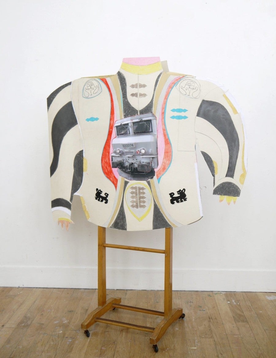 Sarah Tritz, My Jacket 2 My Nose/Your Nose, 2020, cardboard, laser prints, graphite powder, colored pencil, hand-sewn fur comforter. Photo : Sarah Tritz