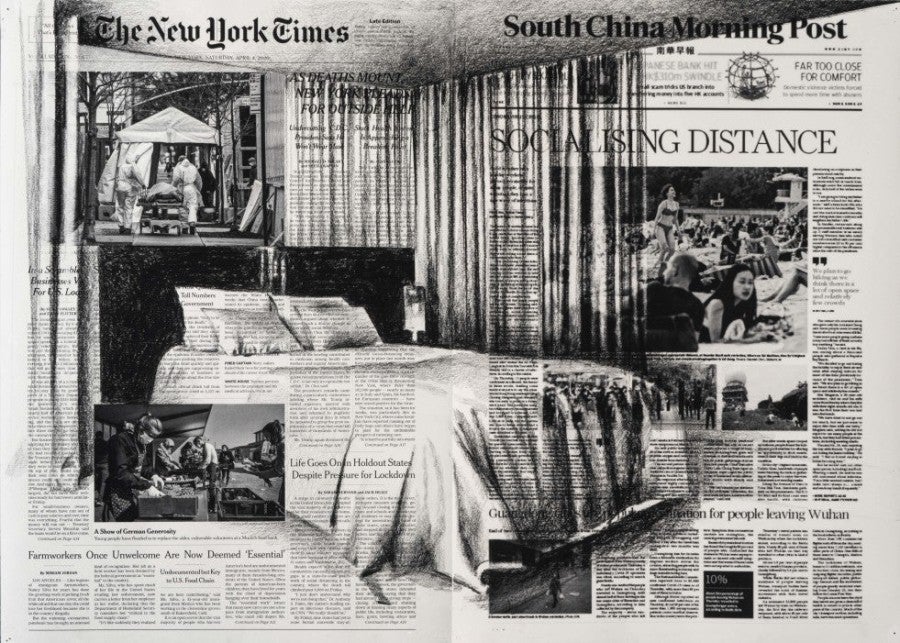 Tatiana Trouvé, April 4th, The New York Times, USA; South China Morning Post, China.  Impression, crayon sur papier, 42 x 59 cm. De la série Front Pages March 15 - April 25, 2020. Courtesy Gagosian Gallery. Photo : Florian Kleinefenn