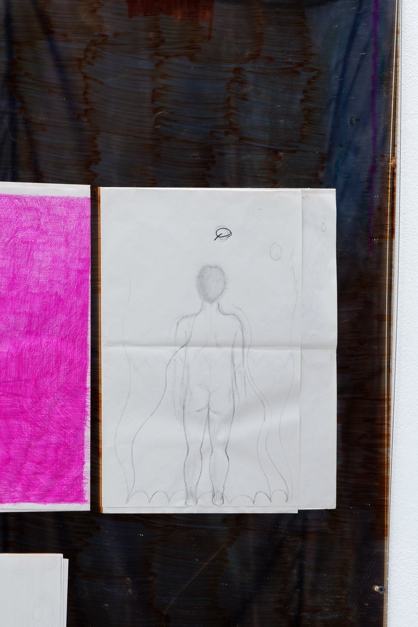 Anne Bourse, Talking about shapely ass super heroes on the front face, we drew different styles of dick on the back, 2021. Crayon, stylo et impression sur papier couché, feutre à alcool, plexiglass miroir, plexiglass, 100x140.© Aurélien Mole. Courtesy de l'artiste et Crèvecœur, Paris.