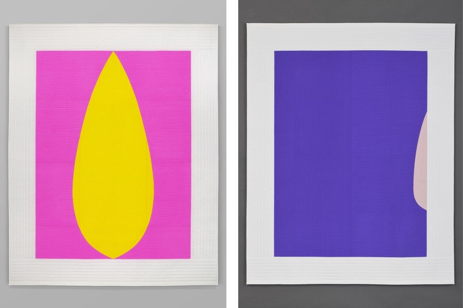 Seulgi Lee, <i>Blanket Project U</i>. Left: <i>U : The young leaf is yellow. = Wrong beginning in life</i>, 2018. Private collection . Right: <i>U : Alone in bed. = Waiting for her husband for long</i>, 2018. Courtesy Gallery Hyundai. Photos: Gallery Hyundai 2018. © Adagp Paris, 2023