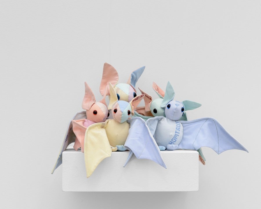 Benoît Piéron, <i>Peluches Psychopompes</i>, 2022, plush toys made from patchwork of used hospital sheets. Photo: Aurélien Mole. Courtesy Benoît Piéron and Galerie Sultana 