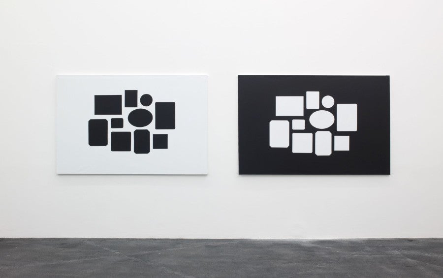 Sylvie Fanchon, <i>Sans titre (Accrochages)</i>, 2011, acrylique sur toile,  deux fois 130 x 196 cm. Vue de l'exposition « SF à Sète », CRAC Sète, 2012. Collection FRAC Franche-Comté. © Adagp Paris, 2023