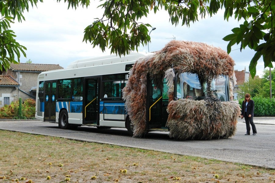 We install a mask on the municipal bus approaching a river. This hairy bus follows its route for 2 weeks. Seulgi Lee, <i>IDO</i>, 2009. Production: evento Biennale. Photo courtesy of the artist. © Adagp Paris, 2023